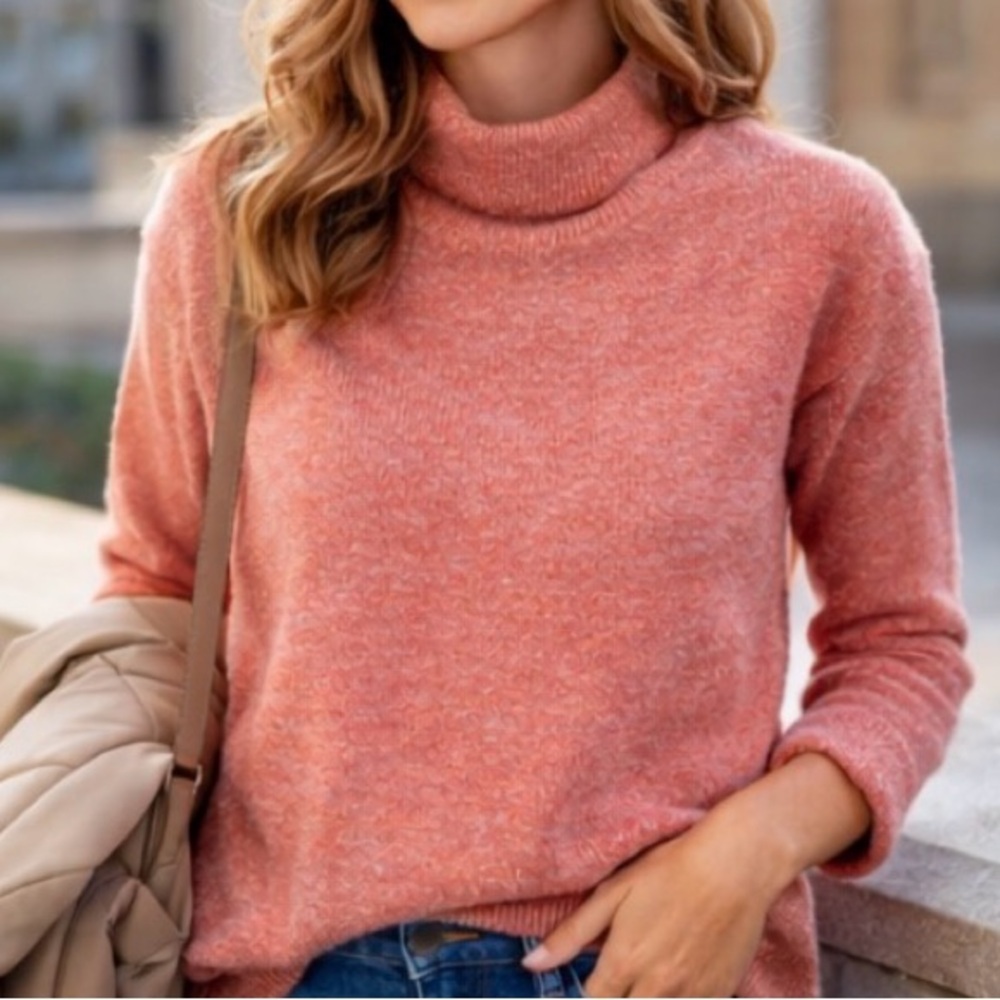 Ann Taylor LOFT Marled Mock Neck Sweater XS Coral Pink Cozy Knit